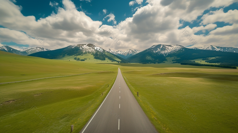 无人的草原上笔直的公路通向雪山尽头航拍,高清,摄影图,摄影图片,图片大全,摄影图免费下载